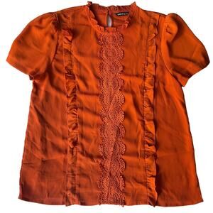 Shein Women’s Short Sleeve Screw Neck Blouse size US 6, Orange, Lace Details